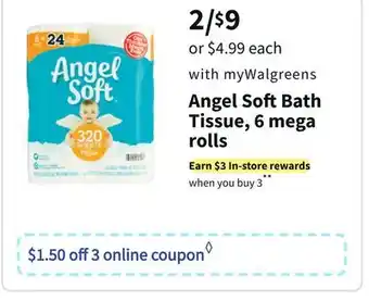 Walgreens Angel soft bath tissue, 6 mega rolls offer