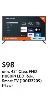 Walmart Onn. 43 class fhd (1080p) led roku smart tv (100133209) (new) offer
