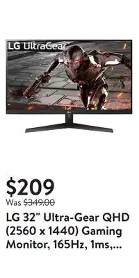 Walmart Lg 32 ultra-gear qhd (2560 x 1440) gaming monitor, 165hz, 1ms, black 32gn600-b.aus, new offer