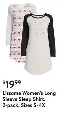 Walmart Lissome women's long sleeve sleep shirt, 2-pack, sizes s-4x offer