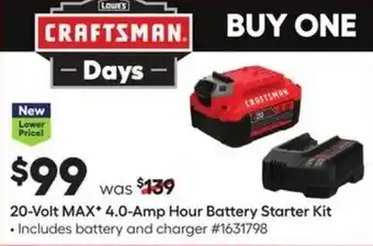 Lowe's 20-Volt MAX 4.0-Amp Hour Battery Starter Kit offer