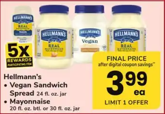 ACME Hellmann's vegan sandwich spread 24 fl. oz. jar, mayonnaise 20 fl. oz. btl. or 30 fl. oz. jar offer