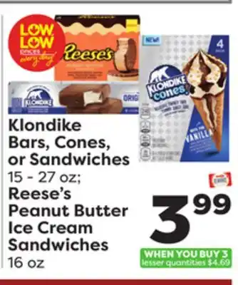Weis Markets Klondike bars, cones, or sandwiches 15-27 oz reese's peanut butter ice cream sandwiches 16 oz offer