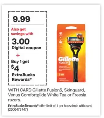 CVS Gillette fusion5, skinguard, venus comfortglide white tea or freesia razors offer