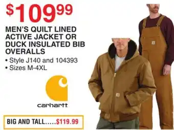 Dunham's Sports Carhartt men's quilt lined active jacket or duck insulated bib overalls offer