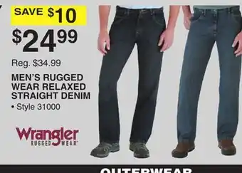 Dunham's Sports Wrangler men's rugged wear relaxed straight denim offer