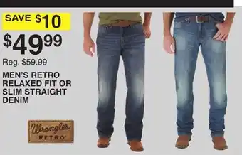 Dunham's Sports Wrangler men's retro relaxed fit or slim straight denim offer