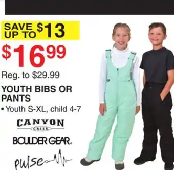 Dunham's Sports Canyon, boulder gear youth bibs or pants offer