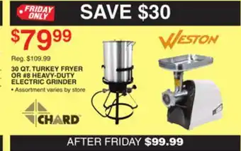 Dunham's Sports Weston 30 qt. turkey fryer or #8 heavy-duty electric grinder offer