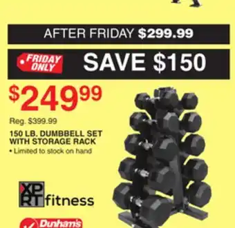 Dunham's Sports 150 lb. dumbbell set with storage rack offer