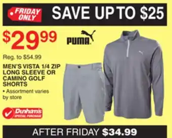 Dunham's Sports Puma men's vista 1/4 zip long sleeve or camino golf shorts offer