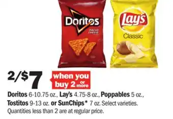 Meijer Doritos 6-10.75 oz., lay's 4.75-8 oz., poppables 5 oz., tostitos 9-13 oz. or sunchips* 7 oz offer