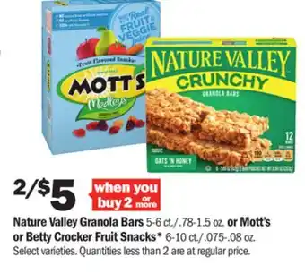 Meijer Nature valley granola bars 5-6 ct./.78-1.5 oz. or mott's or betty crocker fruit snacks* 6-10 ct./.075-.08 oz offer
