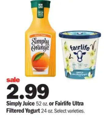 Meijer Simply juice 52 oz. or fairlife ultra filtered yogurt 24 oz offer