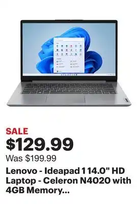 Best Buy Lenovo - ideapad 1 14.0 hd laptop - celeron n4020 with 4gb memory - 64gb emmc - cloud grey offer