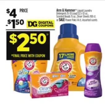 Dollar General Arm & hammer liquid laundry detergent 25-33 load/32.5-33 oz., scented beads 15 oz., dryer sheets 100 ct. or sale power paks 1 offer