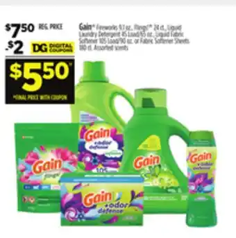 Dollar General Gain fireworks 9.1 oz., flings! 24 ct., liquid laundry detergent 45 load/65 oz., liquid fabric softener 105 load/90 oz. or fa offer