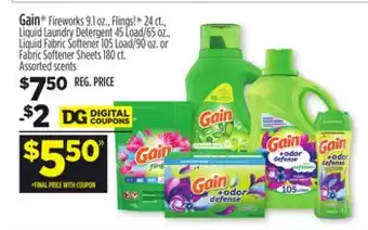 Dollar General Gain fireworks, flings! , liquid laundry detergent, liquid fabric softener or fabric softener sheets offer