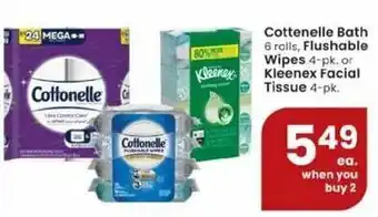 Albertsons Cottenelle Bath, Flushable Wipes Or Kleenex Facial Tissue offer