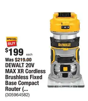 The Home Depot Dewalt 20v max xr cordless brushless fixed base compact router (tool only) offer