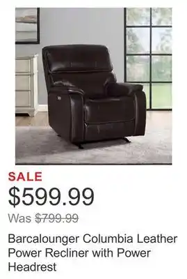 Costco Barcalounger columbia leather power recliner with power headrest offer