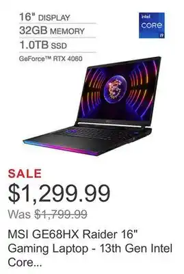 Costco Msi ge68hx raider 16 gaming laptop - 13th gen intel core i9-13950hx - geforce rtx 4060 - 144hz fhd+ (1920 x 1200) offer