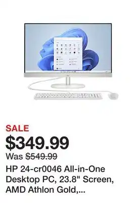 Office Depot Hp 24-cr0046 all-in-one desktop pc, 23.8 screen, amd athlon gold, 4gb memory, 256gb solid state drive, windows 11 home offer