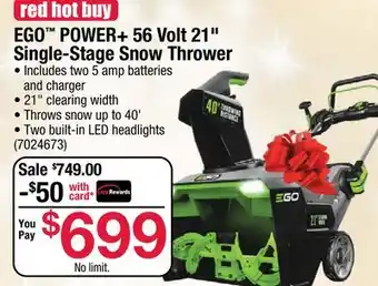Ace Hardware Ego power + 56 volt 21 single-stage snow thrower offer