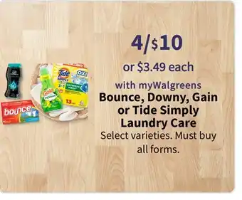 Walgreens Bounce, downy, gain or tide simply laundry care offer