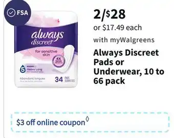 Walgreens Always discreet pads or underwear, 10 to 66 pack offer