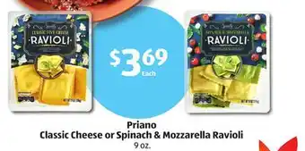 Aldi Priano classic cheese or spinach & mozzarella ravioli offer