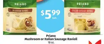 Aldi Priano mushroom or italian sausage ravioli offer