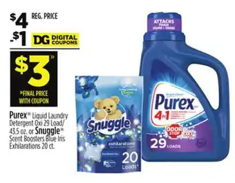 Dollar General Purex liquid laundry detergent oxi or snuggle scent boosters blue iris exhilarations offer