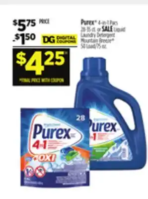 Dollar General Purex 4-in-1 pacs 28-35 ct. or liquid laundry detergent mountain breeze 50 load/75 oz offer
