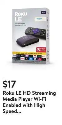 Walmart Roku le hd streaming media player wi-fi enabled with high speed hdmi cable and simple remote offer