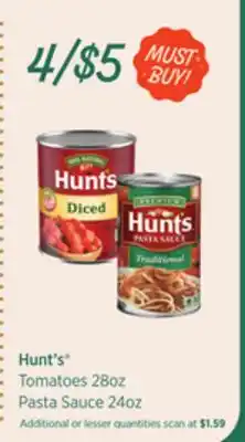 Price Rite Hunt's tomatoes 28oz pasta sauce 24oz offer