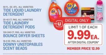 Kings Food Markets 92 fl. oz. btl. tide liquid laundry detergent, 25-42 ct. pkg. tide laundry detergent pods, 130-240 ct. pkg. bounce dryer shee offer