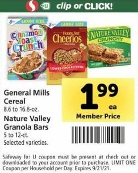 Safeway General Mills Cereal , Nature Valley Granola Bars offer
