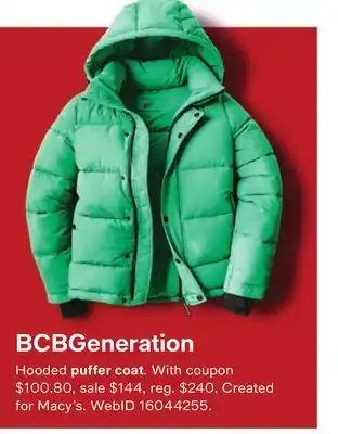 Macy's Bcbgeneration women's hooded thumbhole-cuff puffer coat offer