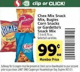 Safeway Chex Mix Snack Mix, Bugles Corn Snacks Or Gardetto's Snack Mix offer