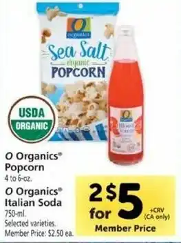 Safeway O Organics Popcorn, O Organics Italien Soda offer