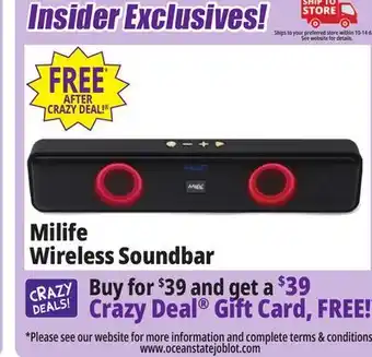 Ocean State Job Lot Milife portable bluetooth sound bar speaker with multicolor led lights & fm radio offer