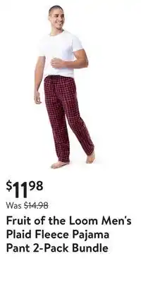 Walmart Fruit of the loom men's plaid fleece pajama pant 2-pack bundle offer