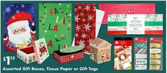 Dollar Tree Assorted gift boxes, tissue paper or gift tags offer