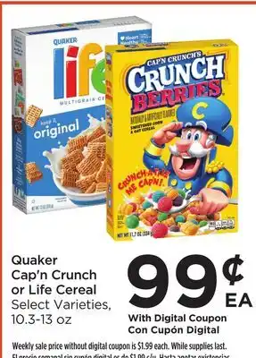 Food 4 Less Quaker cap'n crunch or life cereal offer