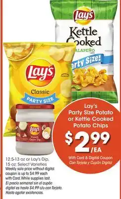 Ralphs Lay's party size potato or kettle cooked potato chips offer