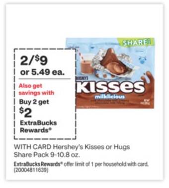 CVS Hershey's kisses or hugs share pack 9-10.8 oz offer