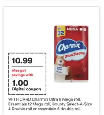 CVS Charmin ultra 8 mega roll, essentials 12 mega roll, bounty select-a-size 4 double roll or essentials 6 double roll offer