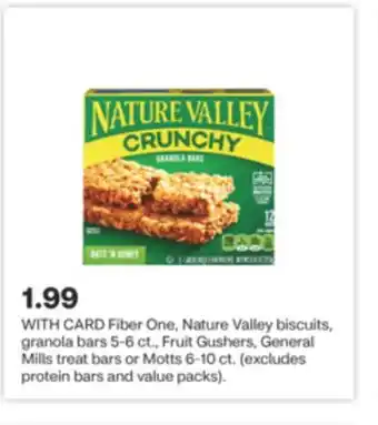 CVS Fiber one, nature valley biscuits, granola bars 5-6 ct., fruit gushers, general mills treat bars or motts 6-10 ct offer