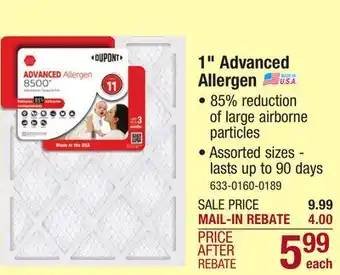 Menards Dupont advanced 16 x 20 x 1 merv 11 pleated air filter offer